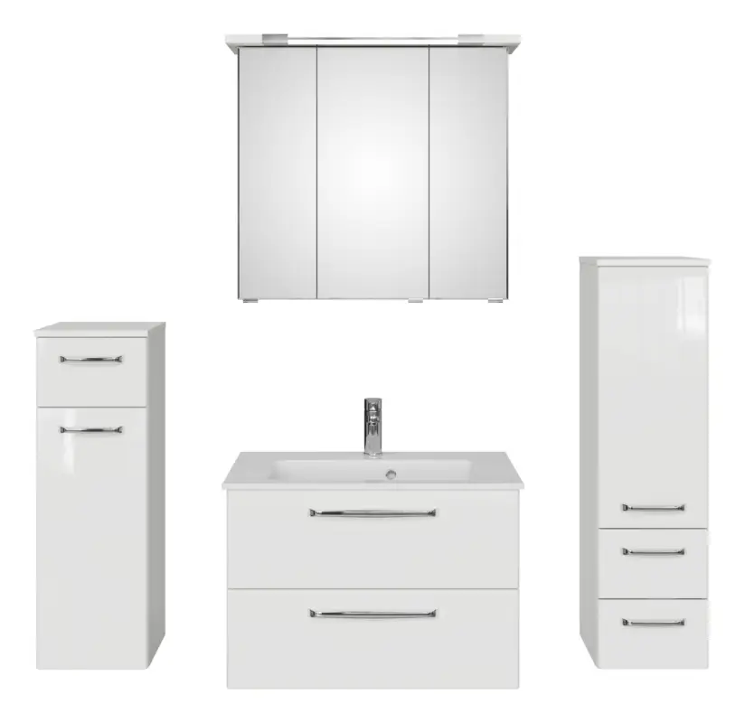 Zertifiziert Pelipal TrenTino Komplett-Set Waschbeckenunterschrank Spiegelschrank mit Kranzleuchte Midischrank / Unterschrank Mineralmarmorwaschtisch 1370 x 2000 x 500 mm - Weiß Glanz / Weiß Hochglanz