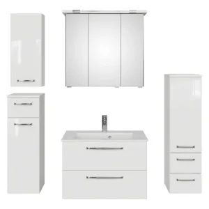 Neue Ware Pelipal TrenTino Komplett-Set Waschbeckenunterschrank Spiegelschrank mit Kranzleuchte Midischrank / Unterschrank / Hängeschrank Mineralmarmorwaschtisch 1370 x 2000 x 500 mm - Weiß Glanz / Weiß Hochglanz