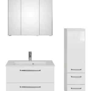 Neue Kollektion Pelipal TrenTino Komplett-Set Waschbeckenunterschrank Spiegelschrank mit Aufsatzleuchte Midischrank Mineralmarmorwaschtisch 1070 x 2000 x 500 mm - Weiß Glanz / Weiß Hochglanz