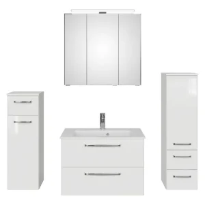 Sonderangebot Pelipal TrenTino Komplett-Set Waschbeckenunterschrank Spiegelschrank mit Aufsatzleuchte Midischrank / Unterschrank Mineralmarmorwaschtisch 1370 x 2000 x 500 mm - Weiß Glanz / Weiß Hochglanz