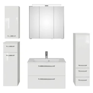 Sofort Bestellen Pelipal TrenTino Komplett-Set Waschbeckenunterschrank Spiegelschrank mit Aufsatzleuchte Midischrank / Unterschrank / Hängeschrank Mineralmarmorwaschtisch 1370 x 2000 x 500 mm - Weiß Glanz / Weiß Hochglanz