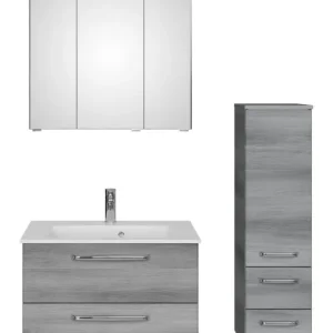 Sichere Zahlung Pelipal TrenTino Komplett-Set Waschbeckenunterschrank Spiegelschrank mit Aufsatzleuchte Midischrank Mineralmarmorwaschtisch 1070 x 2000 x 500 mm - Graphit Struktur quer