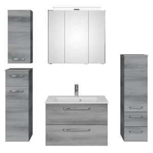 Geprüft Pelipal TrenTino Komplett-Set Waschbeckenunterschrank Spiegelschrank mit Aufsatzleuchte Midischrank / Unterschrank / Hängeschrank Mineralmarmorwaschtisch 1370 x 2000 x 500 mm - Graphit Struktur quer