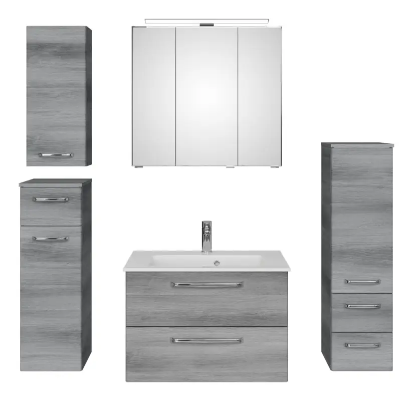 Geprüft Pelipal TrenTino Komplett-Set Waschbeckenunterschrank Spiegelschrank mit Aufsatzleuchte Midischrank / Unterschrank / Hängeschrank Mineralmarmorwaschtisch 1370 x 2000 x 500 mm - Graphit Struktur quer