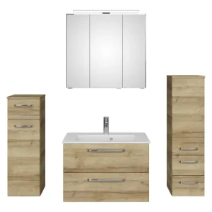 Neue Ware Pelipal TrenTino Komplett-Set Waschbeckenunterschrank Spiegelschrank mit Aufsatzleuchte Midischrank / Unterschrank Mineralmarmorwaschtisch 1370 x 2000 x 500 mm - Riviera Eiche quer Nachbildung