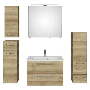 Mega-Angebot Pelipal TrenTino Komplett-Set Waschbeckenunterschrank Spiegelschrank mit Aufsatzleuchte Midischrank / Unterschrank / Hängeschrank Mineralmarmorwaschtisch 1370 x 2000 x 500 mm - Riviera Eiche quer Nachbildung