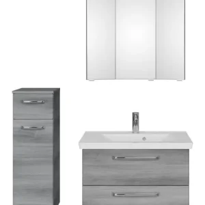 Ausverkauf Pelipal TrenTino Komplett-Set Waschbeckenunterschrank 3D-Spiegelschrank mit Kranzleuchte Unterschrank Mineralmarmorwaschtisch 1100 x 2000 x 510 mm - Graphit Struktur quer