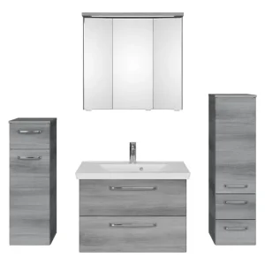 Günstig Pelipal TrenTino Komplett-Set Waschbeckenunterschrank 3D-Spiegelschrank mit Kranzleuchte Midischrank / Unterschrank Mineralmarmorwaschtisch 1400 x 2000 x 510 mm - Graphit Struktur quer