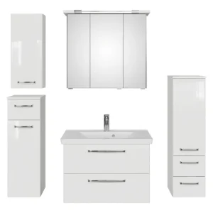 Mega-Angebot Pelipal TrenTino Komplett-Set Waschbeckenunterschrank Spiegelschrank mit Kranzleuchte Midischrank / Unterschrank / Hängeschrank Mineralmarmorwaschtisch 1400 x 2000 x 510 mm - Weiß Glanz / Weiß Hochglanz