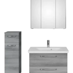 Top-Seller Pelipal TrenTino Komplett-Set Waschbeckenunterschrank Spiegelschrank mit Kranzleuchte Unterschrank Mineralmarmorwaschtisch 1100 x 2000 x 510 mm - Graphit Struktur quer