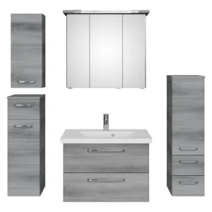 Neue Ware Pelipal TrenTino Komplett-Set Waschbeckenunterschrank Spiegelschrank mit Kranzleuchte Midischrank / Unterschrank / Hängeschrank Mineralmarmorwaschtisch 1400 x 2000 x 510 mm - Graphit Struktur quer