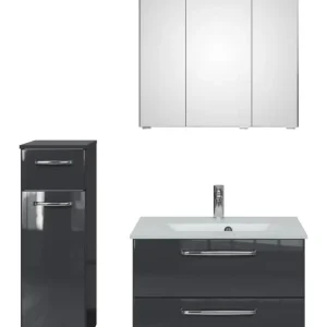 Super-Preis Pelipal TrenTino Komplett-Set Waschbeckenunterschrank Spiegelschrank mit Aufsatzleuchte Unterschrank Glaswaschtisch 1070 x 2000 x 500 mm - Anthrazit Glanz / Anthrazit Hochglanz