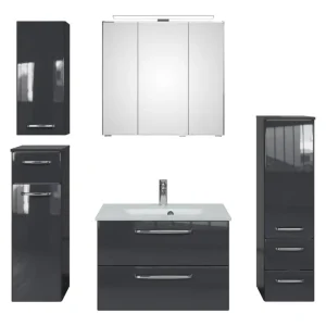 Abverkauf Pelipal TrenTino Komplett-Set Waschbeckenunterschrank Spiegelschrank mit Aufsatzleuchte Midischrank / Unterschrank / Hängeschrank Glaswaschtisch 1370 x 2000 x 500 mm - Anthrazit Glanz / Anthrazit Hochglanz