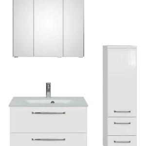 Garantierte Lieferung Pelipal TrenTino Komplett-Set Waschbeckenunterschrank Spiegelschrank mit Aufsatzleuchte Midischrank Glaswaschtisch 1070 x 2000 x 500 mm - Weiß Glanz / Weiß Hochglanz