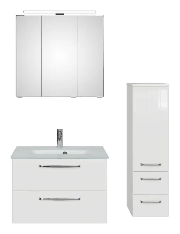 Garantierte Lieferung Pelipal TrenTino Komplett-Set Waschbeckenunterschrank Spiegelschrank mit Aufsatzleuchte Midischrank Glaswaschtisch 1070 x 2000 x 500 mm - Weiß Glanz / Weiß Hochglanz