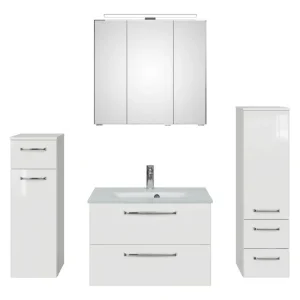 Angebot Pelipal TrenTino Komplett-Set Waschbeckenunterschrank Spiegelschrank mit Aufsatzleuchte Midischrank / Unterschrank Glaswaschtisch 1370 x 2000 x 500 mm - Weiß Glanz / Weiß Hochglanz