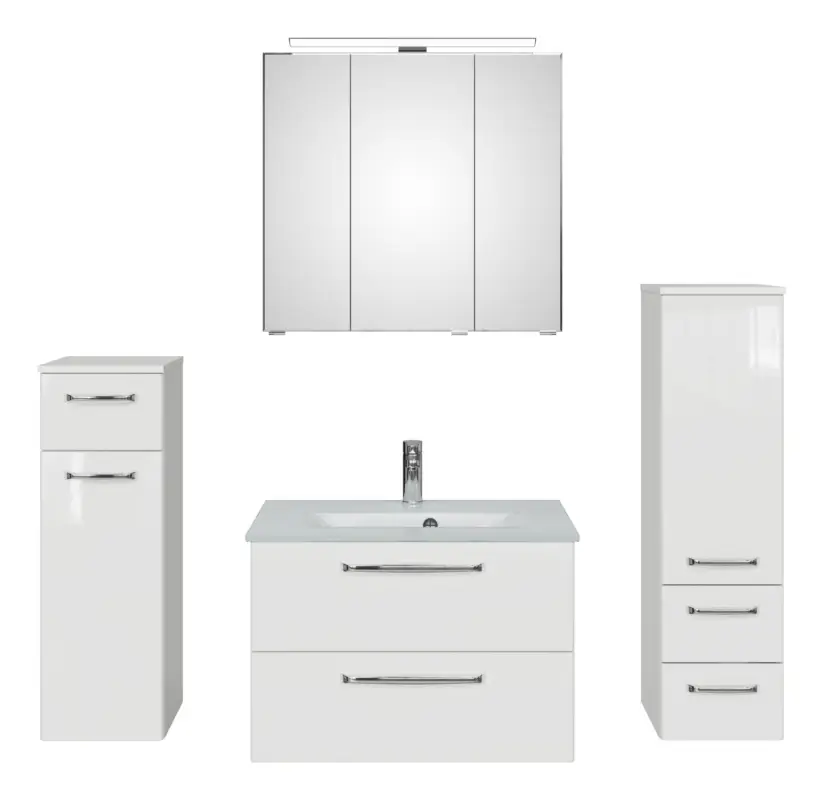 Angebot Pelipal TrenTino Komplett-Set Waschbeckenunterschrank Spiegelschrank mit Aufsatzleuchte Midischrank / Unterschrank Glaswaschtisch 1370 x 2000 x 500 mm - Weiß Glanz / Weiß Hochglanz