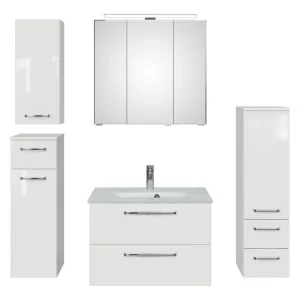Neu Im Sortiment Pelipal TrenTino Komplett-Set Waschbeckenunterschrank Spiegelschrank mit Aufsatzleuchte Midischrank / Unterschrank / Hängeschrank Glaswaschtisch 1370 x 2000 x 500 mm - Weiß Glanz / Weiß Hochglanz