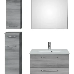 Billig Pelipal TrenTino Komplett-Set Waschbeckenunterschrank Spiegelschrank mit Aufsatzleuchte Unterschrank / Hängeschrank Glaswaschtisch 1070 x 2000 x 500 mm - Graphit Struktur quer