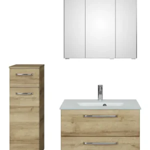 Aktuell Pelipal TrenTino Komplett-Set Waschbeckenunterschrank Spiegelschrank mit Aufsatzleuchte Unterschrank Glaswaschtisch 1070 x 2000 x 500 mm - Riviera Eiche quer Nachbildung