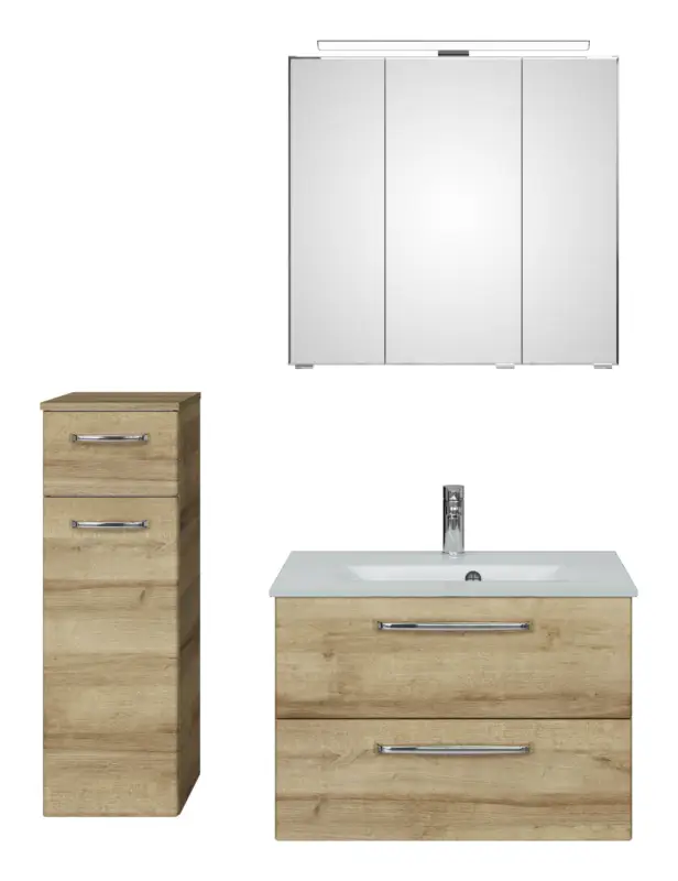 Aktuell Pelipal TrenTino Komplett-Set Waschbeckenunterschrank Spiegelschrank mit Aufsatzleuchte Unterschrank Glaswaschtisch 1070 x 2000 x 500 mm - Riviera Eiche quer Nachbildung