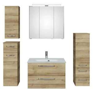 Bestseller Pelipal TrenTino Komplett-Set Waschbeckenunterschrank Spiegelschrank mit Aufsatzleuchte Midischrank / Unterschrank / Hängeschrank Glaswaschtisch 1370 x 2000 x 500 mm - Riviera Eiche quer Nachbildung