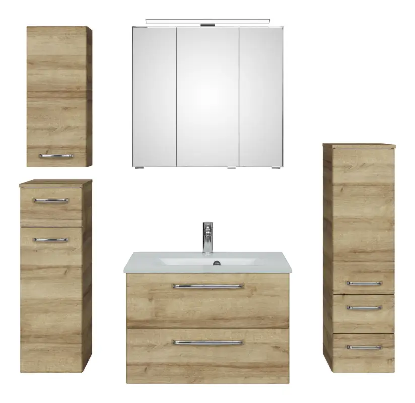 Bestseller Pelipal TrenTino Komplett-Set Waschbeckenunterschrank Spiegelschrank mit Aufsatzleuchte Midischrank / Unterschrank / Hängeschrank Glaswaschtisch 1370 x 2000 x 500 mm - Riviera Eiche quer Nachbildung