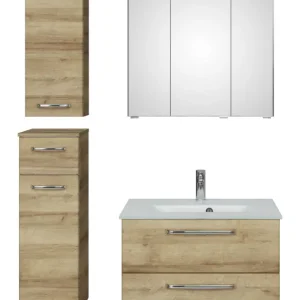 Knallerangebot Pelipal TrenTino Komplett-Set Waschbeckenunterschrank Spiegelschrank mit Aufsatzleuchte Unterschrank / Hängeschrank Glaswaschtisch 1070 x 2000 x 500 mm - Riviera Eiche quer Nachbildung