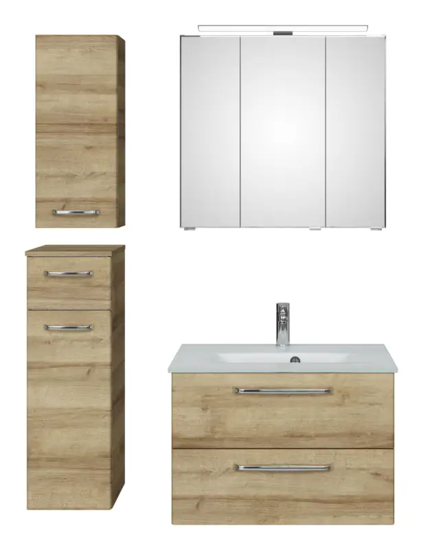 Knallerangebot Pelipal TrenTino Komplett-Set Waschbeckenunterschrank Spiegelschrank mit Aufsatzleuchte Unterschrank / Hängeschrank Glaswaschtisch 1070 x 2000 x 500 mm - Riviera Eiche quer Nachbildung