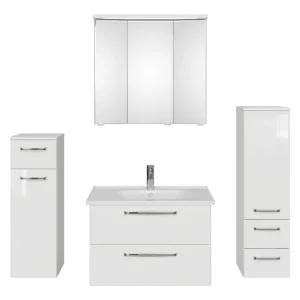 Angebot Pelipal TrenTino Komplett-Set Waschbeckenunterschrank 3D-Spiegelschrank mit Kranzleuchte Midischrank / Unterschrank Keramikwaschtisch 1370 x 2000 x 514 mm - Weiß Glanz / Weiß Hochglanz