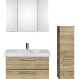 Meistverkauft Pelipal TrenTino Komplett-Set Waschbeckenunterschrank 3D-Spiegelschrank mit Kranzleuchte Midischrank Keramikwaschtisch 1220 x 2000 x 480 mm - Riviera Eiche quer Nachbildung