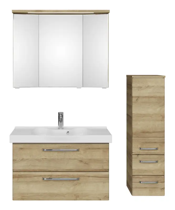 Meistverkauft Pelipal TrenTino Komplett-Set Waschbeckenunterschrank 3D-Spiegelschrank mit Kranzleuchte Midischrank Keramikwaschtisch 1220 x 2000 x 480 mm - Riviera Eiche quer Nachbildung