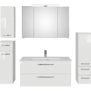 Begrenztes Angebot Pelipal TrenTino Komplett-Set Waschbeckenunterschrank Spiegelschrank mit Aufsatzleuchte Midischrank / Unterschrank / Hängeschrank Mineralmarmorwaschtisch 1670 x 2000 x 500 mm - Weiß Glanz / Weiß Hochglanz