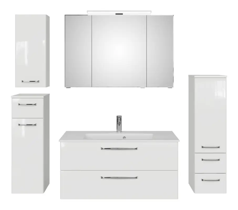 Begrenztes Angebot Pelipal TrenTino Komplett-Set Waschbeckenunterschrank Spiegelschrank mit Aufsatzleuchte Midischrank / Unterschrank / Hängeschrank Mineralmarmorwaschtisch 1670 x 2000 x 500 mm - Weiß Glanz / Weiß Hochglanz