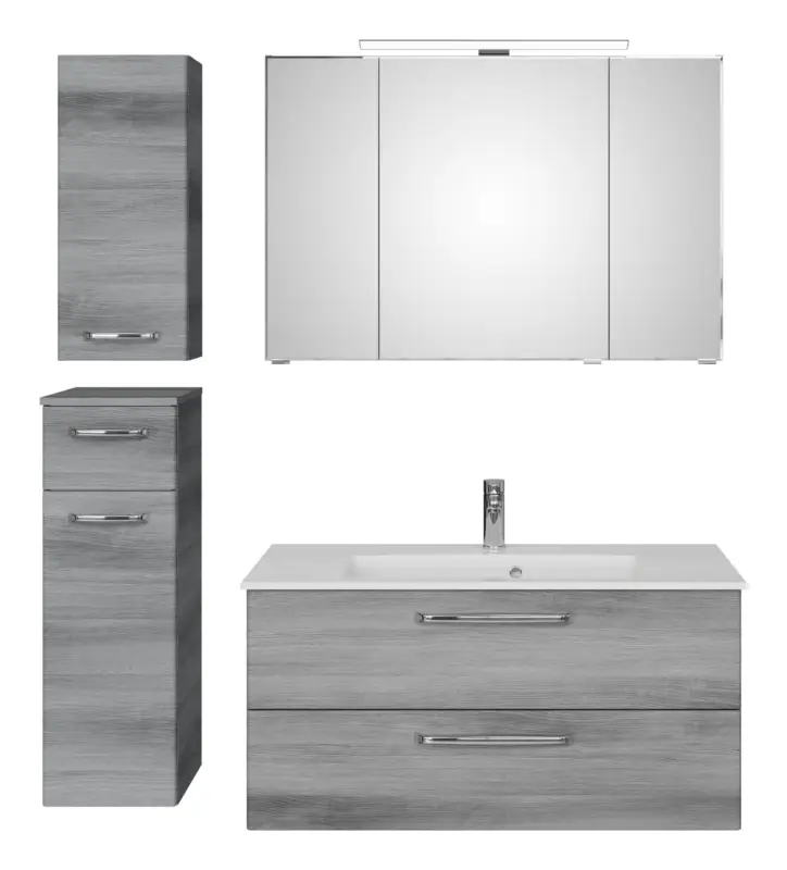 Pelipal TrenTino Komplett-Set Waschbeckenunterschrank Spiegelschrank mit Aufsatzleuchte Unterschrank / Hängeschrank Mineralmarmorwaschtisch 1370 x 2000 x 500 mm - Graphit Struktur quer Neue Kollektion