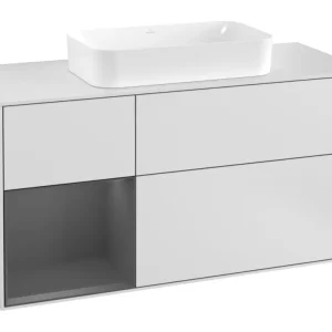 Direkt Vom Hersteller Villeroy & Boch Finion Waschbeckenunterschrank für Becken mittig Regal links für Finion 3 Auszüge mit Beleuchtung (3x LED) 1200 x 603 x 501 mm - White Matt Lacquer / Anthracite Matt Lacquer / Glass White Matt