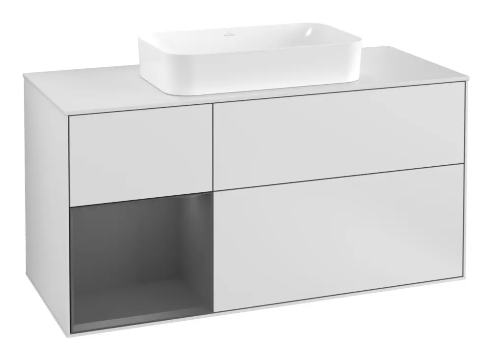 Direkt Vom Hersteller Villeroy & Boch Finion Waschbeckenunterschrank für Becken mittig Regal links für Finion 3 Auszüge mit Beleuchtung (3x LED) 1200 x 603 x 501 mm - White Matt Lacquer / Anthracite Matt Lacquer / Glass White Matt