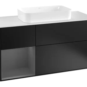 Top-Angebot Villeroy & Boch Finion Waschbeckenunterschrank für Becken mittig Regal links für Finion 3 Auszüge mit Beleuchtung (3x LED) 1200 x 603 x 501 mm - Black Matt Lacquer / Anthracite Matt Lacquer / Glass White Matt