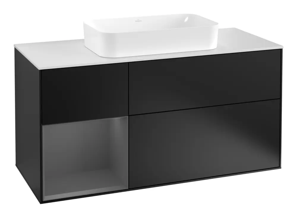 Top-Angebot Villeroy & Boch Finion Waschbeckenunterschrank für Becken mittig Regal links für Finion 3 Auszüge mit Beleuchtung (3x LED) 1200 x 603 x 501 mm - Black Matt Lacquer / Anthracite Matt Lacquer / Glass White Matt