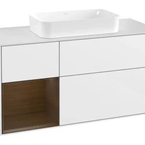 Villeroy & Boch Finion Waschbeckenunterschrank für Becken mittig Regal links für Finion 3 Auszüge mit Beleuchtung (3x LED) 1200 x 603 x 501 mm - Glossy White Lacquer / Walnut Veneer / Glass White Matt Neu