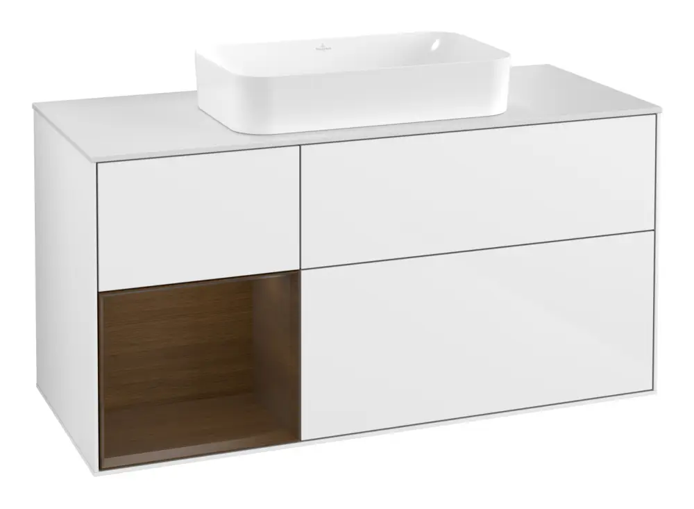 Villeroy & Boch Finion Waschbeckenunterschrank für Becken mittig Regal links für Finion 3 Auszüge mit Beleuchtung (3x LED) 1200 x 603 x 501 mm - Glossy White Lacquer / Walnut Veneer / Glass White Matt Neu