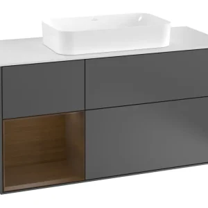 Villeroy & Boch Finion Waschbeckenunterschrank für Becken mittig Regal links für Finion 3 Auszüge mit Beleuchtung (3x LED) 1200 x 603 x 501 mm - Anthracite Matt Lacquer / Walnut Veneer / Glass White Matt Sonderangebot