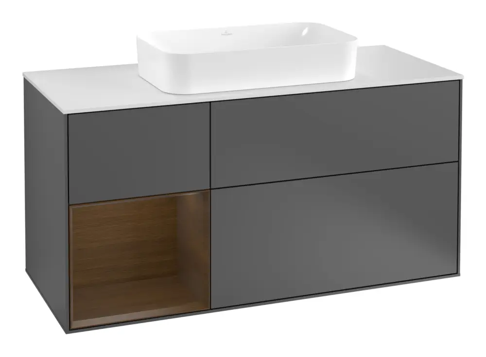 Villeroy & Boch Finion Waschbeckenunterschrank für Becken mittig Regal links für Finion 3 Auszüge mit Beleuchtung (3x LED) 1200 x 603 x 501 mm - Anthracite Matt Lacquer / Walnut Veneer / Glass White Matt Sonderangebot