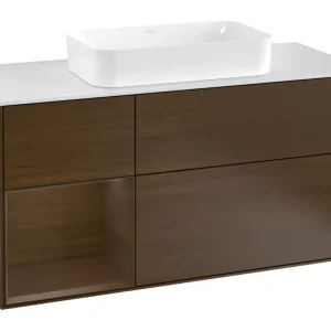 Villeroy & Boch Finion Waschbeckenunterschrank für Becken mittig Regal links für Finion 3 Auszüge mit Beleuchtung (3x LED) 1200 x 603 x 501 mm - Walnut Veneer / Glass White Matt Super-Preis