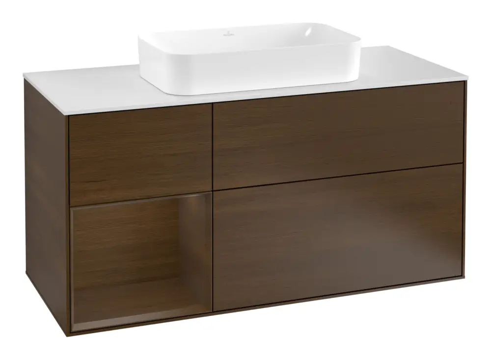 Villeroy & Boch Finion Waschbeckenunterschrank für Becken mittig Regal links für Finion 3 Auszüge mit Beleuchtung (3x LED) 1200 x 603 x 501 mm - Walnut Veneer / Glass White Matt Super-Preis