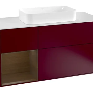 Expressversand Villeroy & Boch Finion Waschbeckenunterschrank für Becken mittig Regal links für Finion 3 Auszüge mit Beleuchtung (3x LED) 1200 x 603 x 501 mm - Peony Matt Lacquer / Walnut Veneer / Glass White Matt
