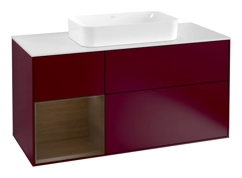 Expressversand Villeroy & Boch Finion Waschbeckenunterschrank für Becken mittig Regal links für Finion 3 Auszüge mit Beleuchtung (3x LED) 1200 x 603 x 501 mm - Peony Matt Lacquer / Walnut Veneer / Glass White Matt