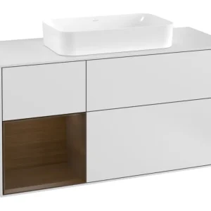 Super-Preis Villeroy & Boch Finion Waschbeckenunterschrank für Becken mittig Regal links für Finion 3 Auszüge mit Beleuchtung (3x LED) 1200 x 603 x 501 mm - White Matt Lacquer / Walnut Veneer / Glass White Matt