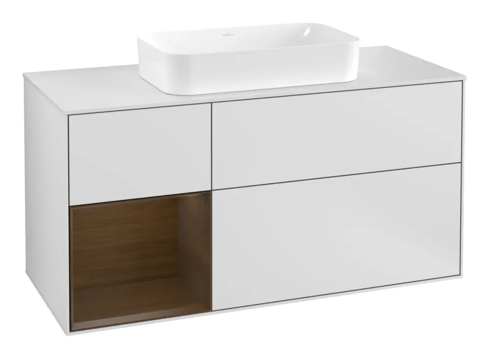 Super-Preis Villeroy & Boch Finion Waschbeckenunterschrank für Becken mittig Regal links für Finion 3 Auszüge mit Beleuchtung (3x LED) 1200 x 603 x 501 mm - White Matt Lacquer / Walnut Veneer / Glass White Matt