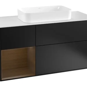 Villeroy & Boch Finion Waschbeckenunterschrank für Becken mittig Regal links für Finion 3 Auszüge mit Beleuchtung (3x LED) 1200 x 603 x 501 mm - Black Matt Lacquer / Walnut Veneer / Glass White Matt Jetzt Bestellen